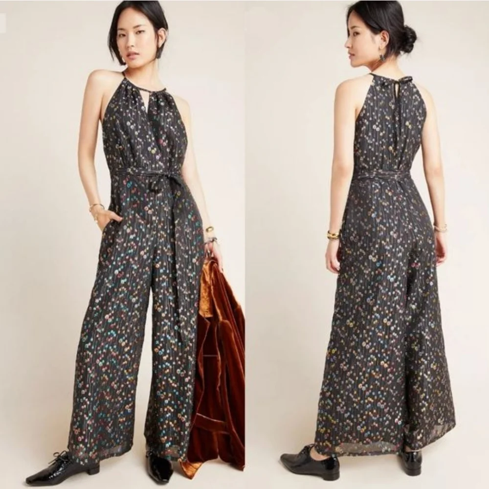 NEW Anthropologie Eva Franco Edita Halter Metallic Clip Dot Jumpsuit Relaxed 4